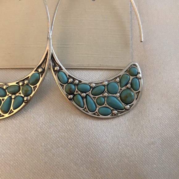 Lucky Brand Silver Tone Turquoise Stone Threader Hoop Earrings NWT - Picture 9 of 12